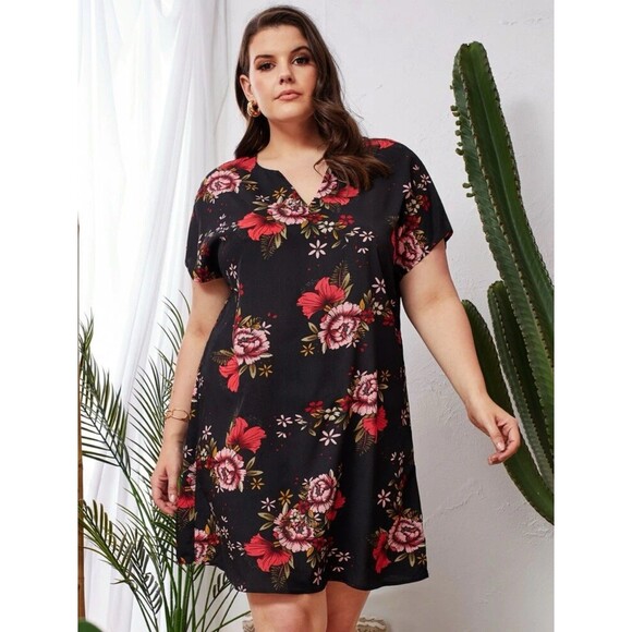 Black Tropical Floral Batwing Dolman Short Sleeves  Shift Dress Size 3X - Picture 1 of 10